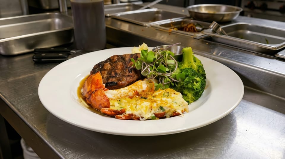 Plated surf and turf with steak, lobster, broccoli, and microgreens in a commercial kitchen.