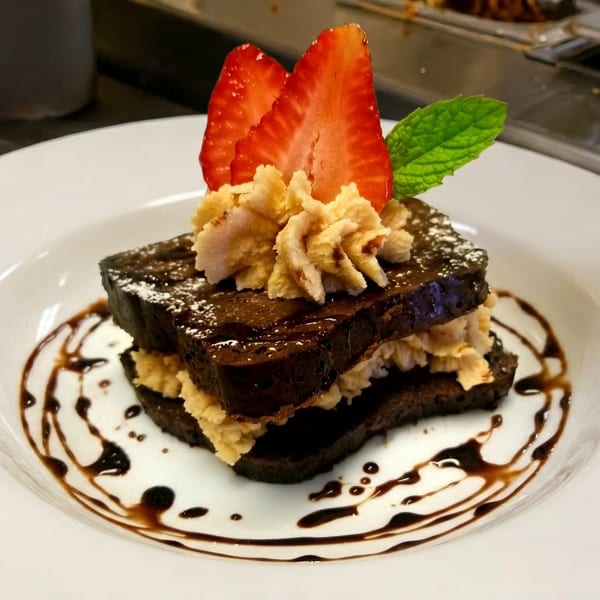 Chocolate dessert with whipped cream, strawberries, and mint on a white plate with chocolate drizzle.