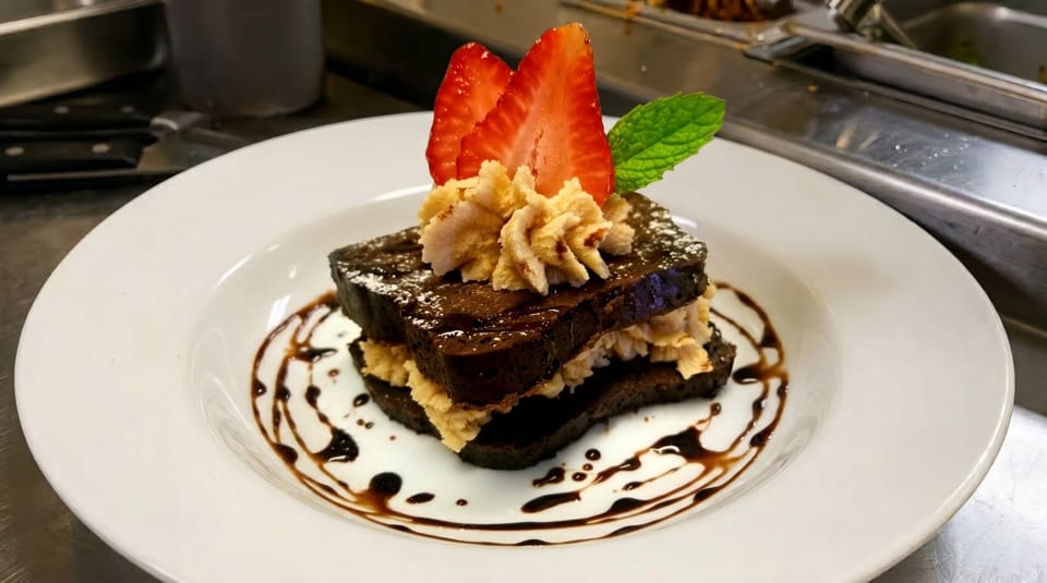 Chocolate dessert with whipped cream, strawberries, and mint on a white plate with chocolate drizzle.