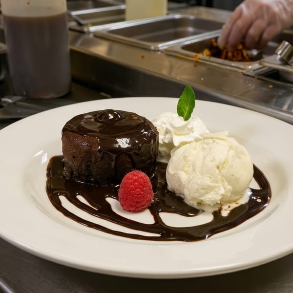 Chocolate lava cake with chocolate sauce, vanilla ice cream, whipped cream, raspberry, and mint.
