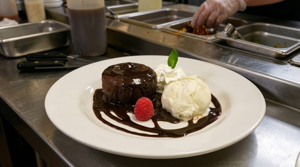 Chocolate lava cake with chocolate sauce, vanilla ice cream, whipped cream, raspberry, and mint.