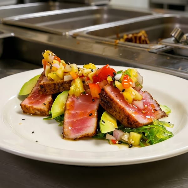 Seared tuna with avocado slices and colorful salsa on a white plate in a commercial kitchen.