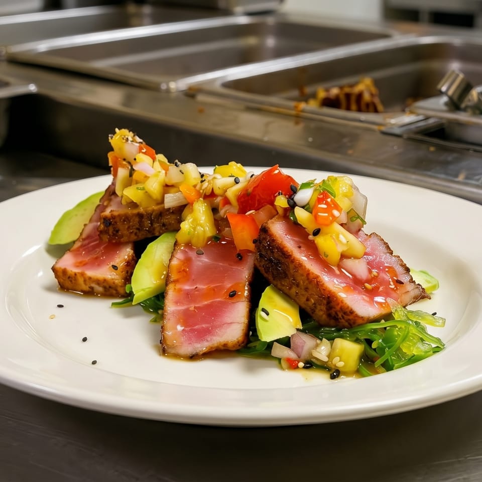 Seared tuna with avocado slices and colorful salsa on a white plate in a commercial kitchen.
