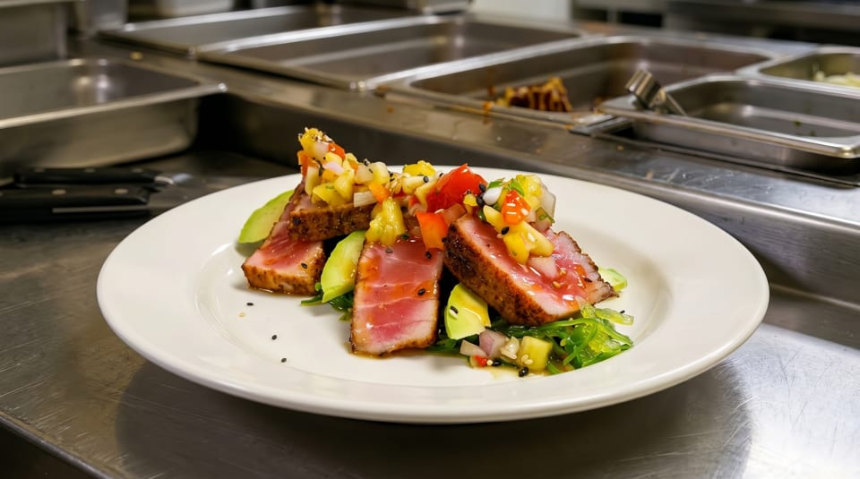 Seared tuna with avocado slices and colorful salsa on a white plate in a commercial kitchen.