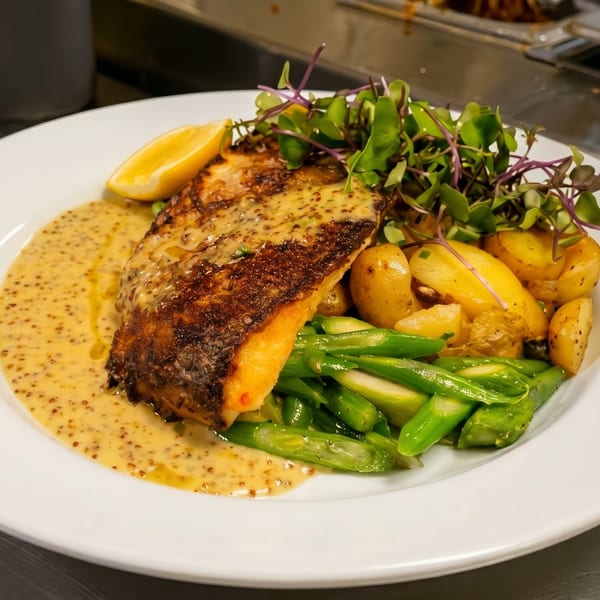 Pan-seared fish with mustard sauce, roasted potatoes, asparagus, and microgreens on a white plate.
