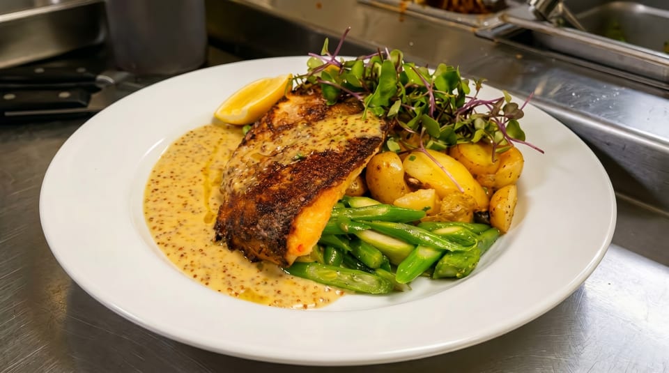 Pan-seared fish with mustard sauce, roasted potatoes, asparagus, and microgreens on a white plate.