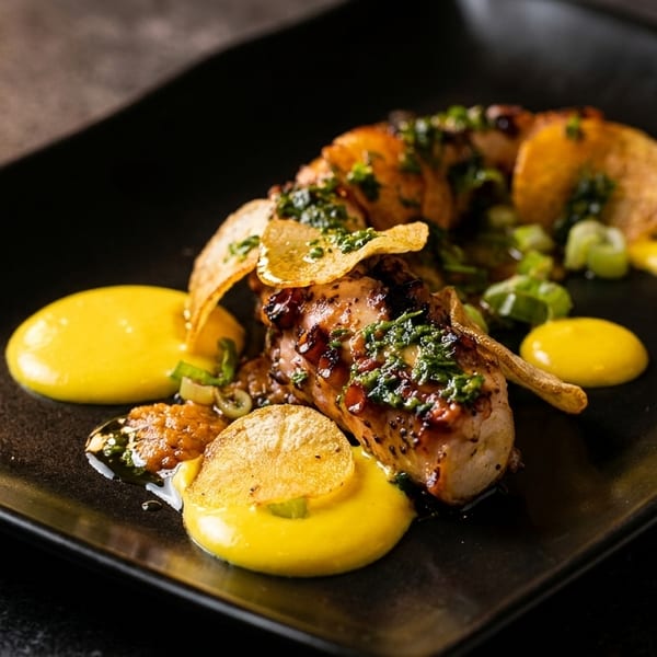 Grilled octopus with yellow sauce, potato chips, and green herbs on a black plate.
