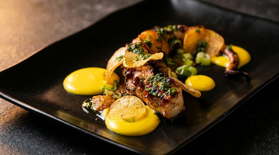 Grilled octopus with yellow sauce, potato chips, and green herbs on a black plate.