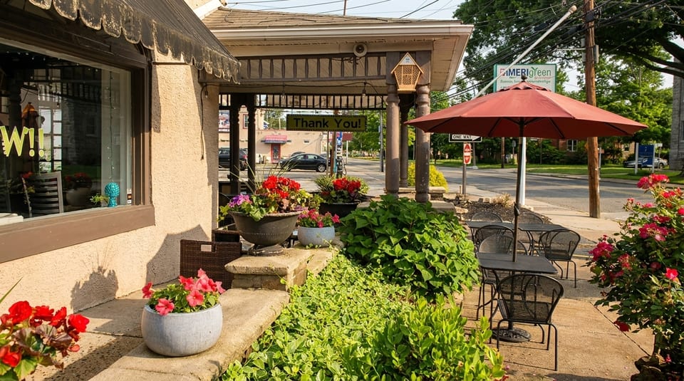 Outdoor patio seating with black tables and chairs under a red umbrella, surrounded by lush plants and flowers.